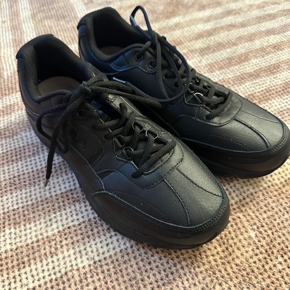 Fila Men's Black Leather Work Shoes Slip Resistant Dr Scholls‎ Insole Size 10